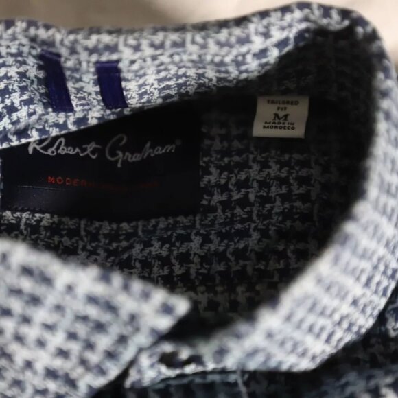 Robert Graham Button Up Shirt Mens M Blue/White Houndstooth Tailored Fit Linen - Picture 6 of 9